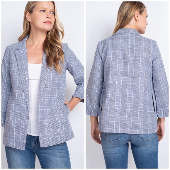 POTTER'S POT Blue Plaid Open 3/4 Sleeves Blazer - Picture 3 of 6